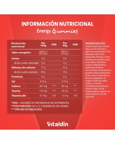 Caffeine and Taurine gummies red fruits - Vitaldin