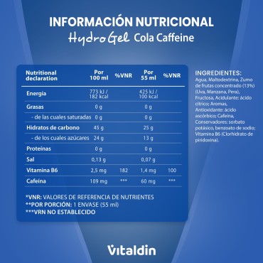 Hydro Energy Gel Cafeína Sabor Cola – Caja 24 geles energéticos x 55 ml