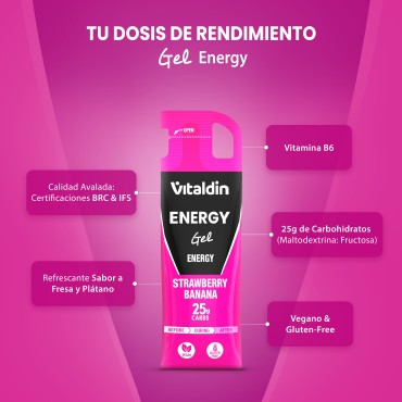 24 x Gel energético sin Cafeína fresa y plátano - Vitaldin
