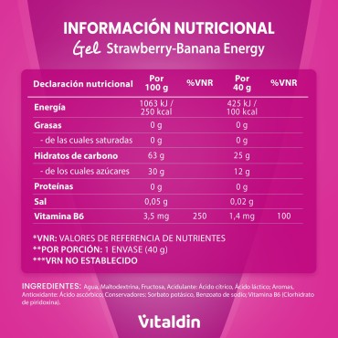 24 x Gel energético sin Cafeína fresa y plátano - Vitaldin