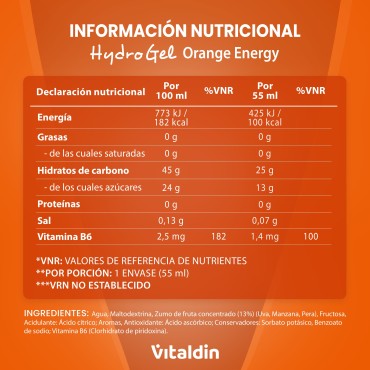 Hydro Energy Gel Sabor Naranja (Sin Cafeína) – Caja 24 geles energéticos x 55 ml