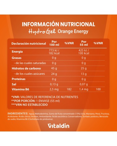 Hydro Energy Gel Sabor Naranja (Sin Cafeína) – Caja 24 geles energéticos x 55 ml