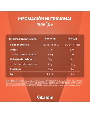Pack Barritas Energéticas Natur Bar Avellana y Cacao - Vitaldin